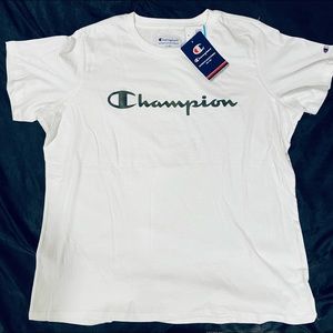 Champion white tee with Camo writing size XL NWT